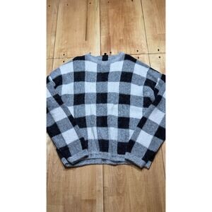 Bobeau Womens Buffalo Plaid Fuzzy Pullover Sweater Black Grey White Size L